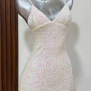Luxxel Strapless Dress with Pink and Cream Sequins